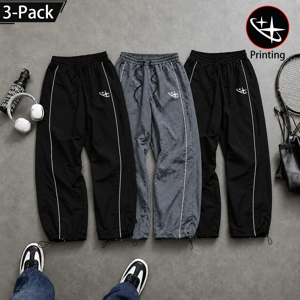 1–2–3 pack unisex Y2K parachute pants, star-print athletic pants, TikTok trending 2026 lightweight joggers with side stripes, adjustable elastic waistband and drawstring, casual street-style long pants, summer adjustable cuffs, suitable for any occasion