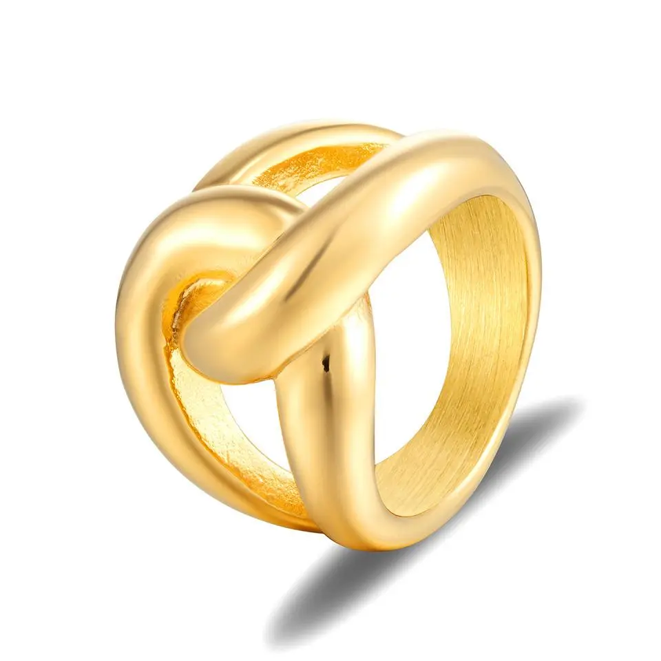 Wholesale Custom Fashion Jewelry 18k Gold Stainless Steel Wide Chain Shape Heavy Rings Geometric Cross Knot Rings for Women