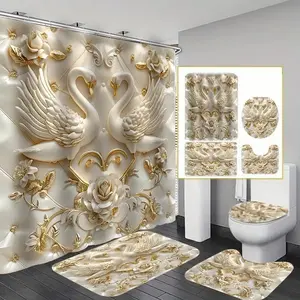 1/4 pcs luxury design swan shower curtain set, non-slip floor mat, U-shaped carpet, toilet cover, perfect for Bathroom Decoration Accessories, partition, beautify the space, free 12 shower curtain hooks