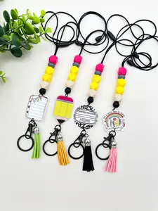 Candy Color Silicone Beaded Necklace Keychain Set, Apple Pencil Book Charm, Teaching Element Lanyard, Teacher Gift, All Seasons