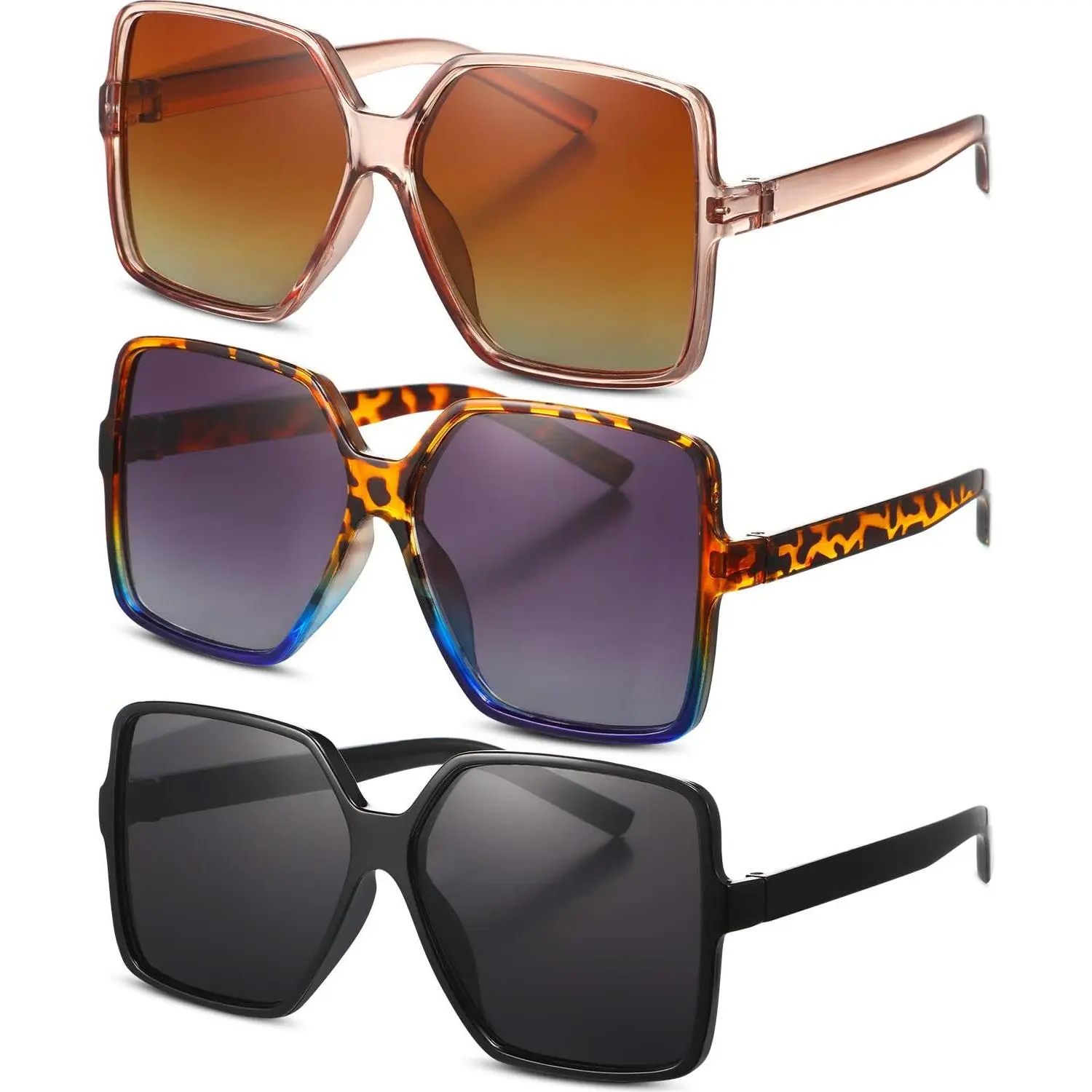 3 Pairs Vintage Square Sunglasses for Women, Unisex Oversized Full Rim Frames with 5.4-inch Arm for Traveling & Daily Wear, 5.4 Inches Arm