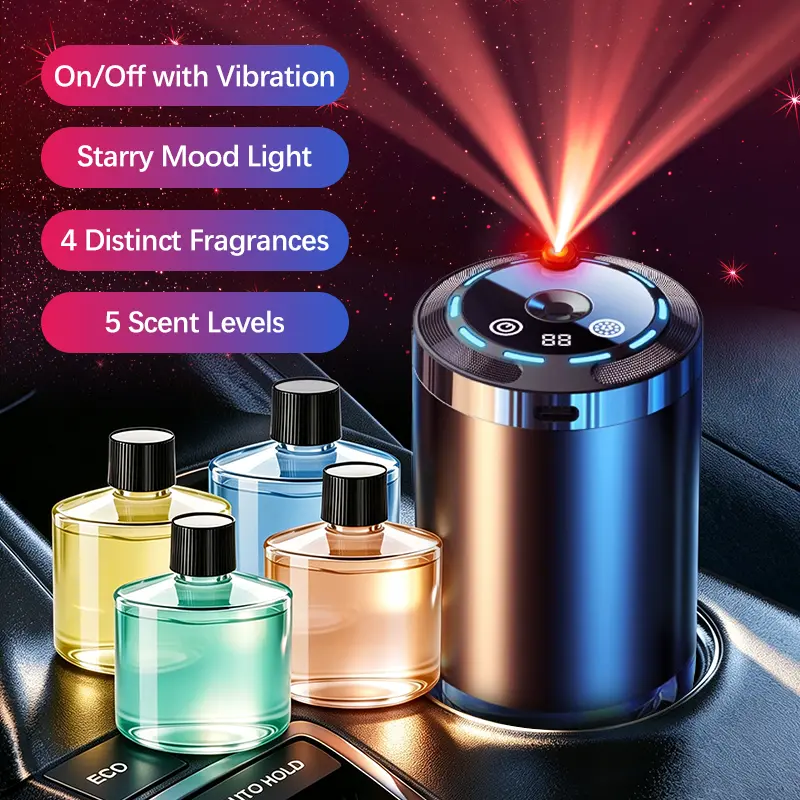 Car Starry Air Freshener Star Projector Light - Rechargeable Color-Changing, Vibe+Sound Activated, Auto On/Off, Adjustable Scent Concentration Car Interior Fragrance Accessory
