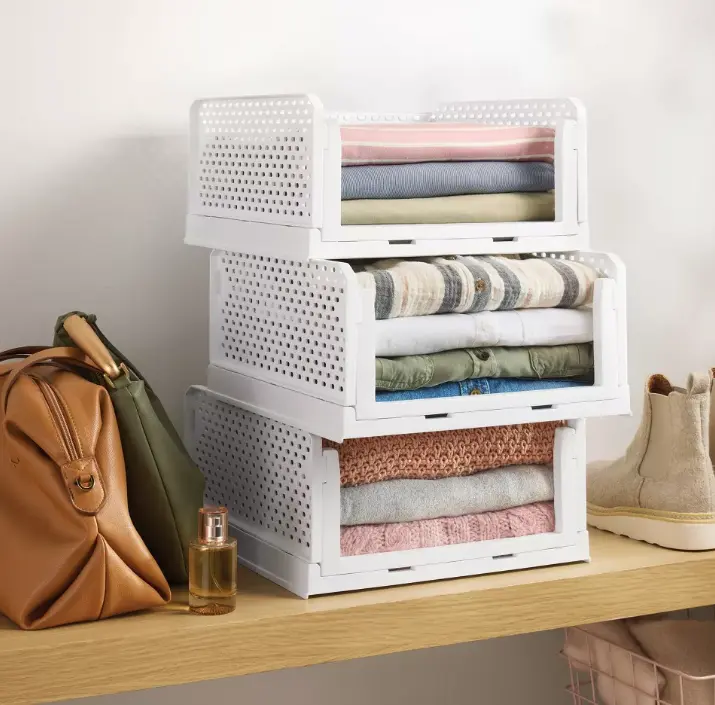 3 Pack Stackable Closet Storage Bins | Plastic Storage Organizers for Closet, Pantry & Shelves | Space Saving Storage Baskets
