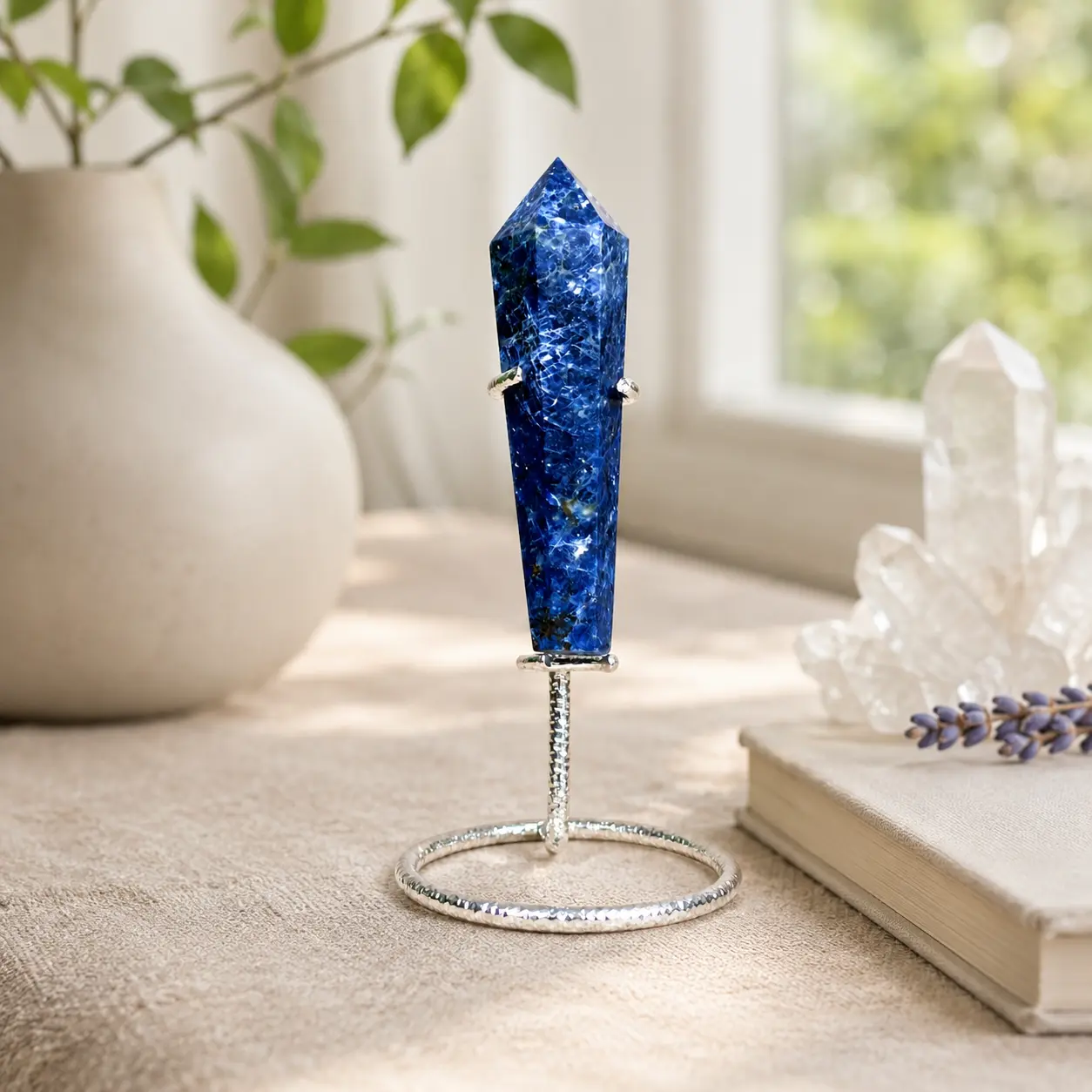 Stargate Premium Blue Sodalite Crystal Wand with Display Stand - Healing Energy Scepter (Approx. 8-9cm)