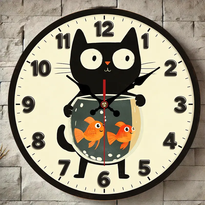 2D flat design. 1 piece set. Black Cat Holding Fish Tank Theme Wall Clock, Silent Decorative Wall Clock, Creative Wall Clock, Suitable for Bedroom, Living Room, Office Decoration, 25/30cm (excluding AA batteries), 2D Flat Version