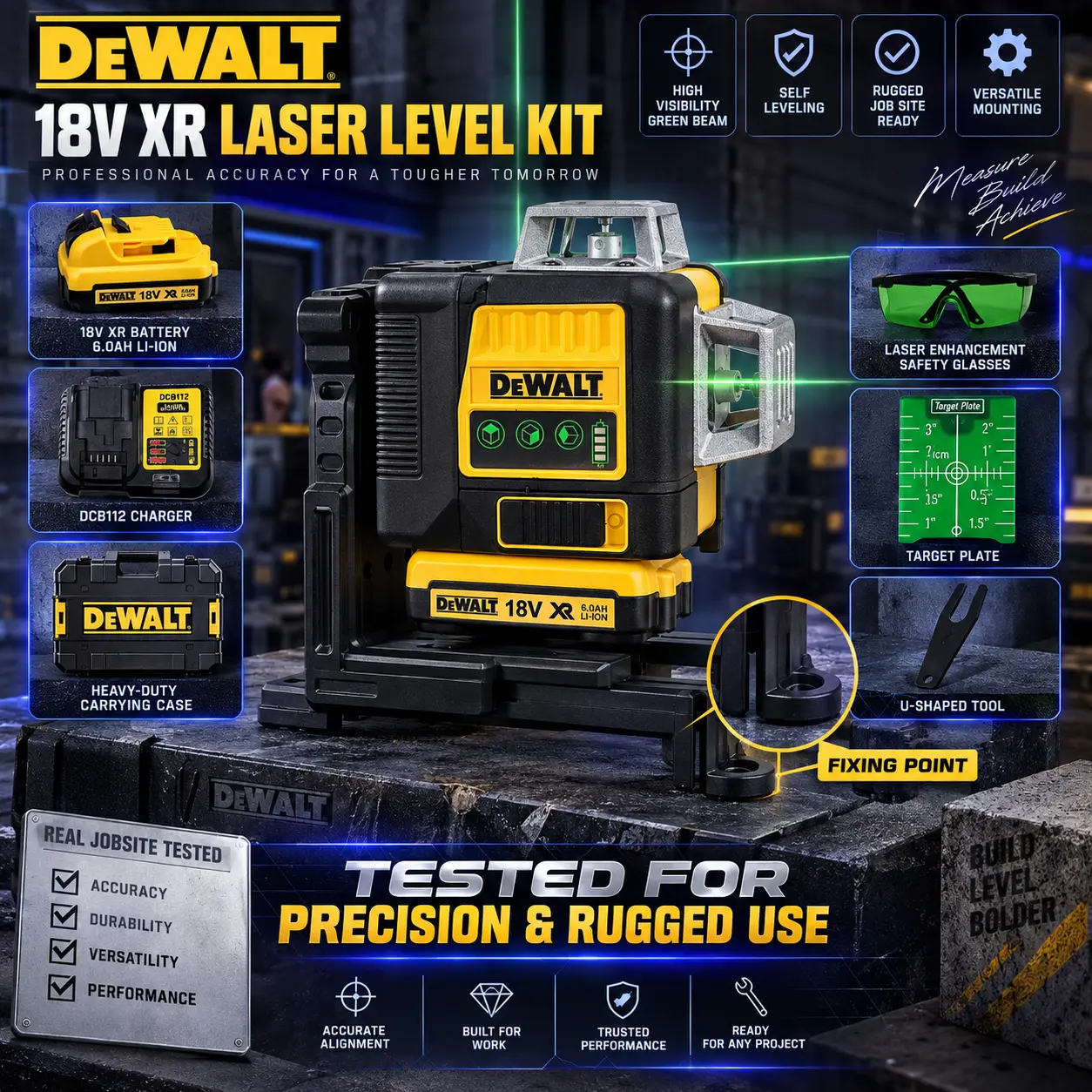 DEWALT Laser Level Tool Set, Precision Leveling and Alignment Tool, Durable Construction, Portable Design, Laser Level Kit for DIY Home Improvement, Tile Installation, Cabinet Fitting, Flooring and Construction Projects