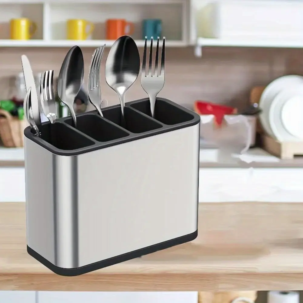 Home Kitchen Utensil Organizer - Plastic Drainable Storage Holder for Knives, Spoons, Forks, Chopsticks - Kitchenware Cooking Tool Tray Shelf Box, Silver