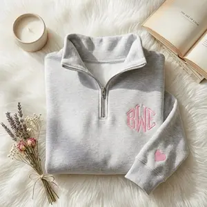 Custom Embroidered Monogram Quarter Zip Sweatshirt, Personalized Initials Pullover, Outline Embroidery Sweatshirt, Minimalist Custom Gift for Her, Cozy Zip Up Top