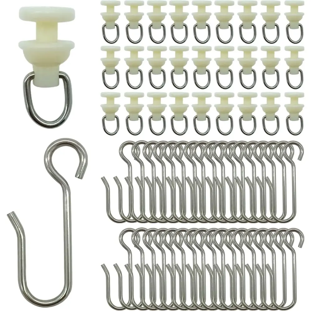 100 Pieces Shower Curtain Pack of 50 Pieces Hooks and 50 Pieces Gliders For Shower Curtain, Straight Curved Curtain Track Rollers For Bendable Curtain Track Pulley, Curtain Track Carrier Hooks