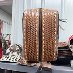 LARGE genuine cowhide & hand tooled leather travel toiletry bag