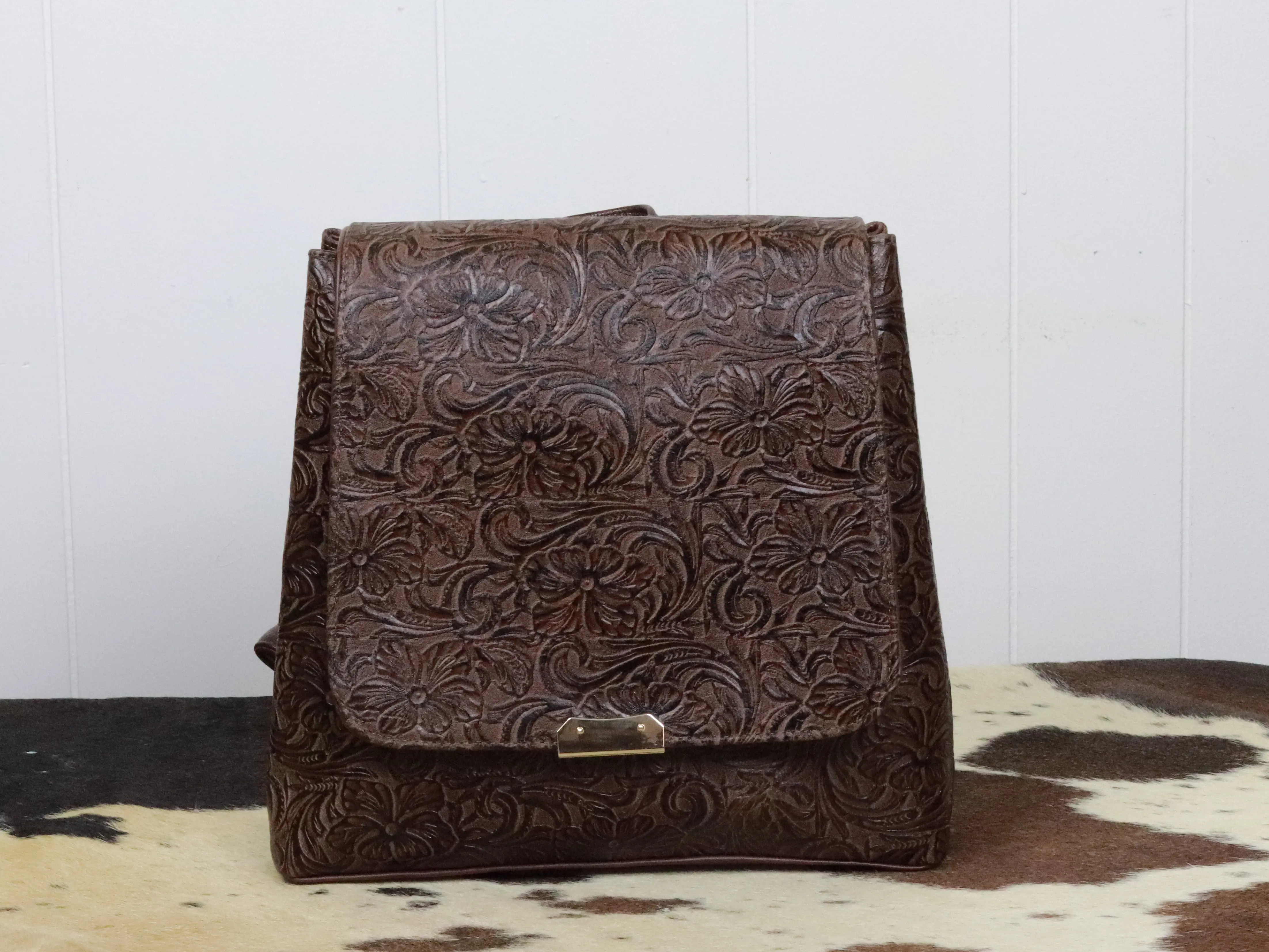 Women's Dark Brown Embossed Floral backpack