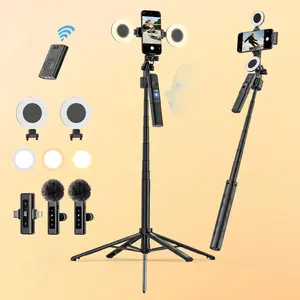 USKEYVISION R01 All-in-1 Vlogging Combo - Plastic Cellphone Accessories, 2-Light Selfie Stick Tripod, Wireless Lavalier Mic for Content Creators (Live Streaming, Video Recording) Compatible with iPhone/Android Smartphone, Mobile, Smartphone-Mounted Selfie