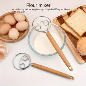 Stainless Steel Manual Dough Mixer, Handheld Flour Beater with Wooden Handle, Non-Stick Bakeware, Egg Whisk, Kitchen Gadget for Bread Making, Utensils