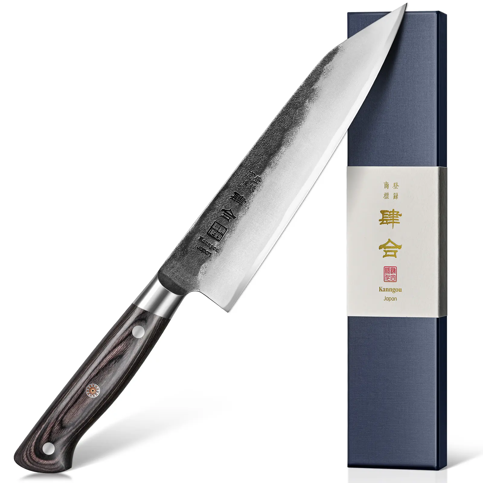 Kanngou 8.27in Kiritsuke Chef Knife - Razor Sharp Japanese Stainless Steel Cooking Knife, High Carbon SS Blade, Full Tang Pakkawood Handle, Curved Tip Tool for Meat, Gift for Dad (Wedding, Thanksgiving)