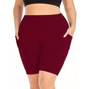 Plus Size Sports Shorts, Women's Plus Solid Seamless High Waisted Yoga Biker Shorts With Phone Pockets
