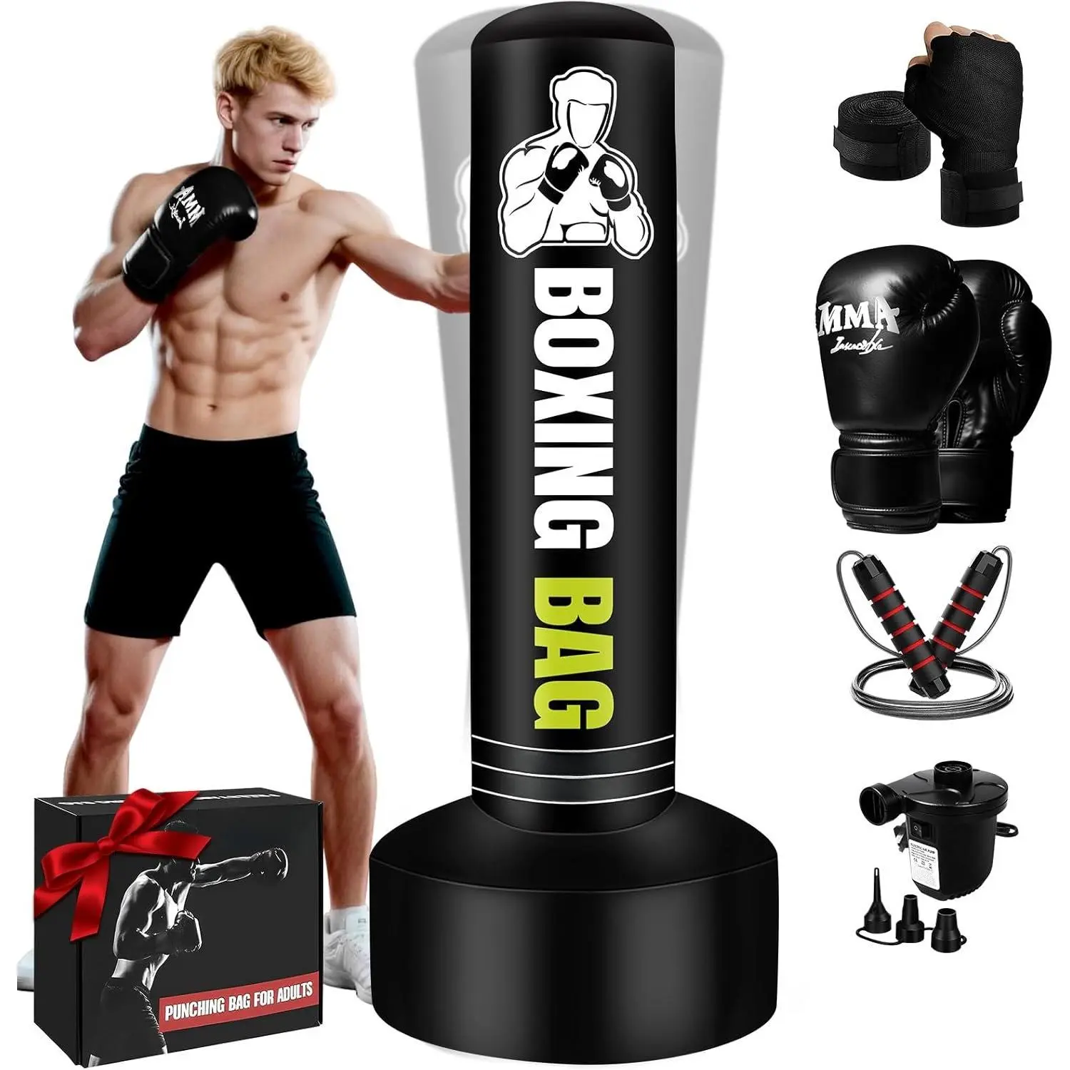 Freestanding Punching Bag for Adults Teens, 70'' Heavy Boxing Bag with Stand with Gloves, Pump and Jump Rope, Women Men Standing Kickboxing Bag for MMA  Muay Thai Fitness Karate  Gym