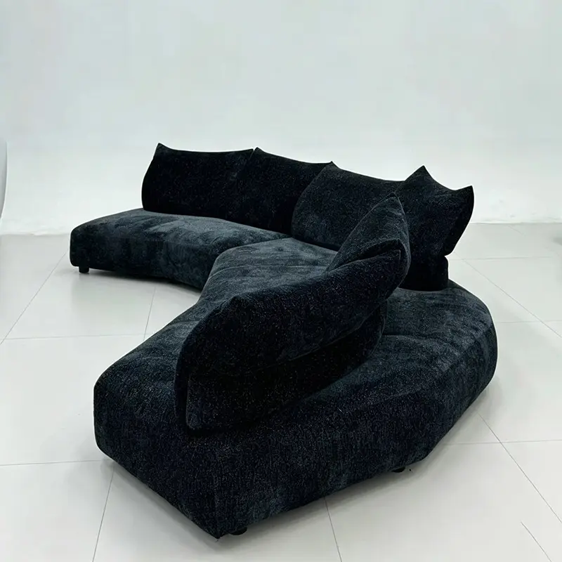 Dark Charcoal Black Curved Sectional Sofa, Modern Irregular C-Shaped Cloud Couch, Oversized Fluffy Fabric Modular Sofa for Luxury Living Room