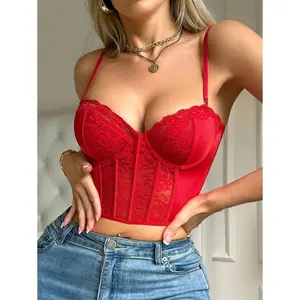 Elegant Solid Color Lace Patchwork Bustier sequin patch woman