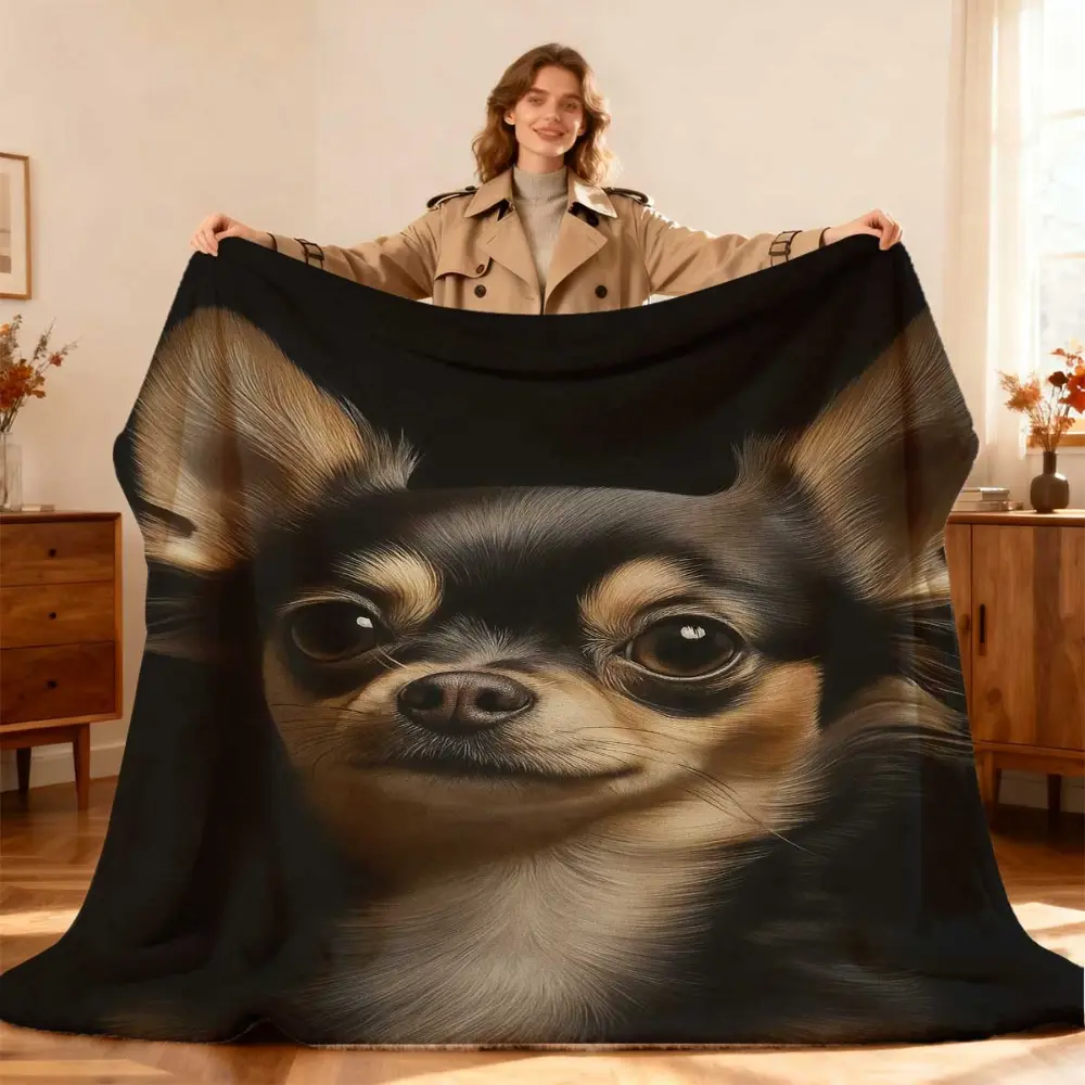 Chihuahua Face Blanket, Soft Flannel Throw Blanket with Cute Black Small Dog Close Up Print, Cozy Gift for Women Men Teens Dog Moms and Chihuahua Lovers, Pet Lover Blanket for Bed Couch Sofa, Lightweight Warm Throw