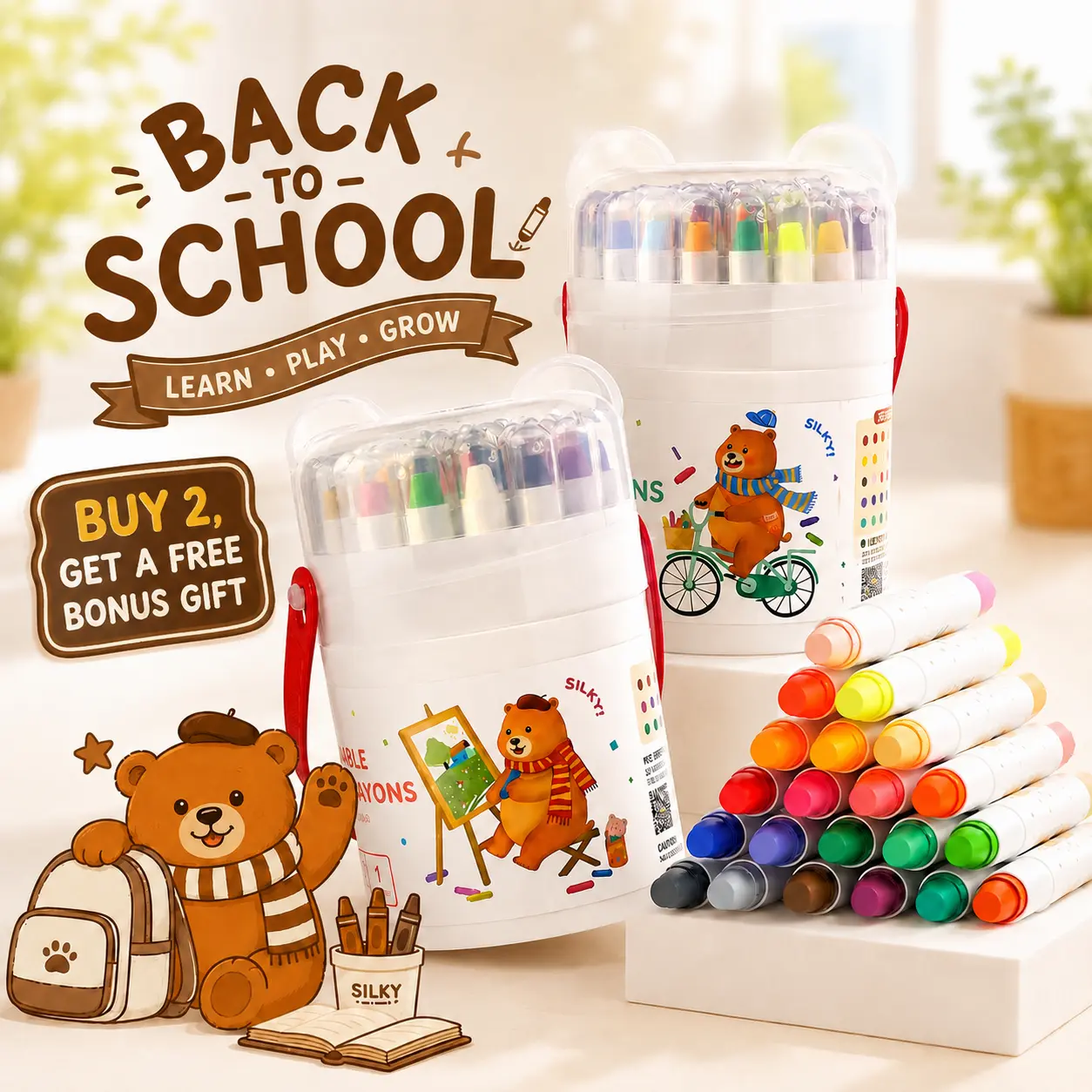 JUPITEARTH Ultra-Silky Bear-Shaped Crayons for Toddlers, Easy-Grip Washable Twistable Crayons with Smooth Oil Pastel Texture, Non-Toxic Kids Art Supplies, Gifts and Back to School Shopping