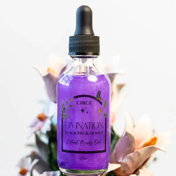 Circe Boutique Divination Ritual Body Oil 2 oz | Amethyst Crystal Infused | Black Fig & Honey Intuition Oil for Tarot, Scrying & Dreamwork | Vegan Cruelty-Free Spiritual Shimmer Body Oil | Hoodoo Conjure Oil