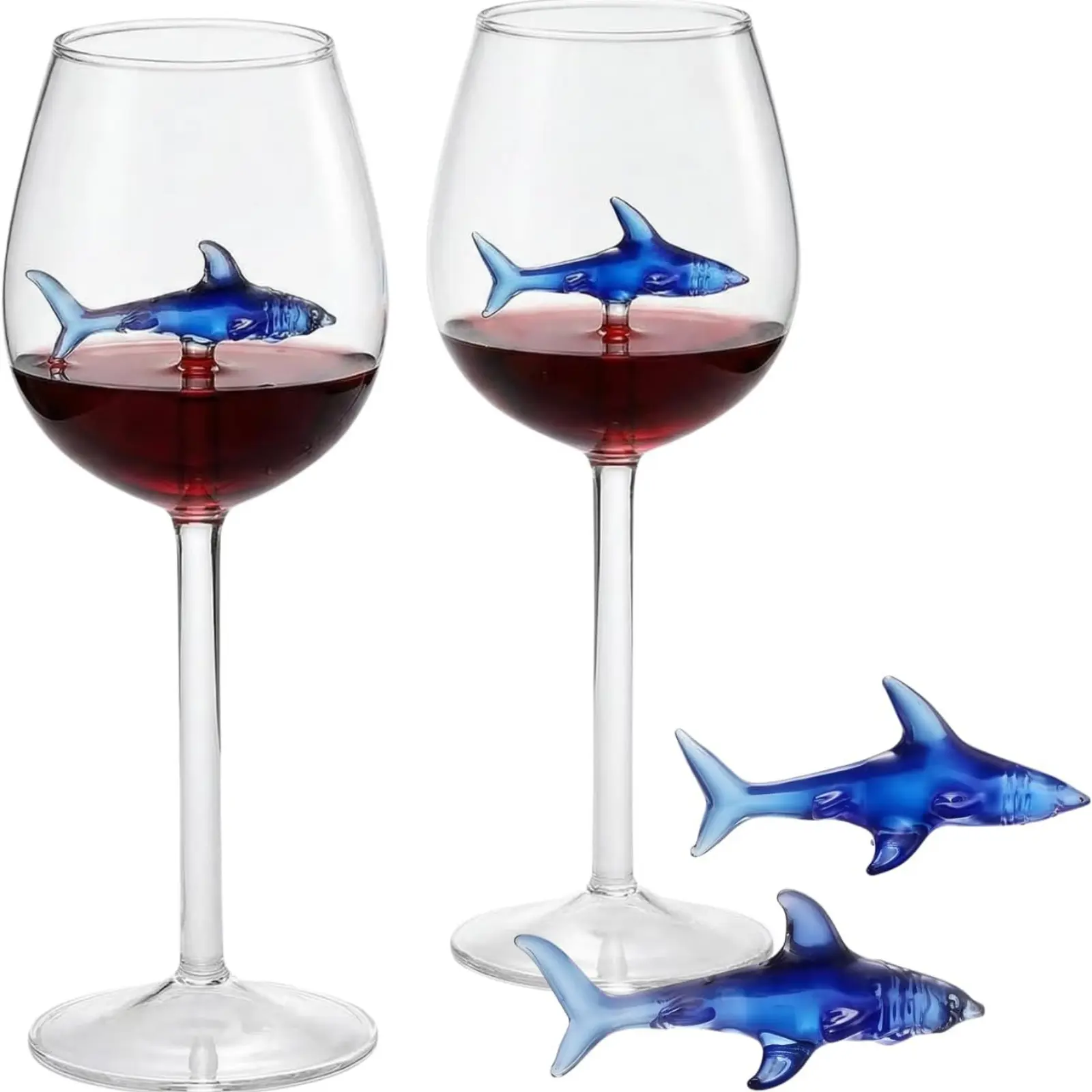 Handcrafted Stemmed Shark Wine Glass - Personalized Set of 2 with 3D Sharks Inside - Red Wine Glasses - Unique Shark Lover Gifts - Ideal for Parties, Birthdays, Weddings - 10.05 oz Capacity (Blue)