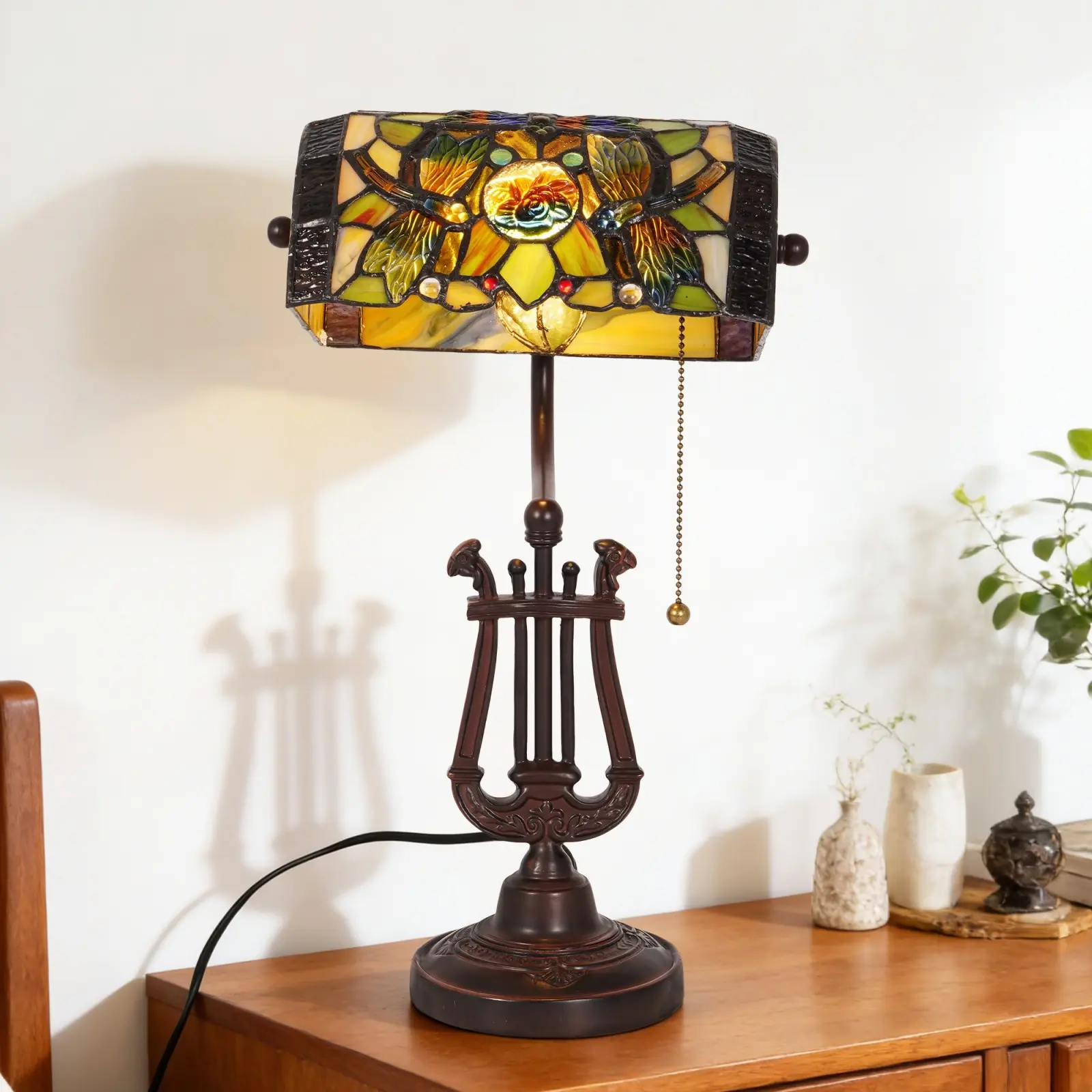 17.3" Dragonfly Stained Glass Banker Table Lamp | Vintage Resin Base With Warm Light