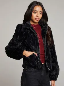Black Plush Faux Fur Zip Jacket | Cozy Trendy Winter Layer with Puff Sleeves