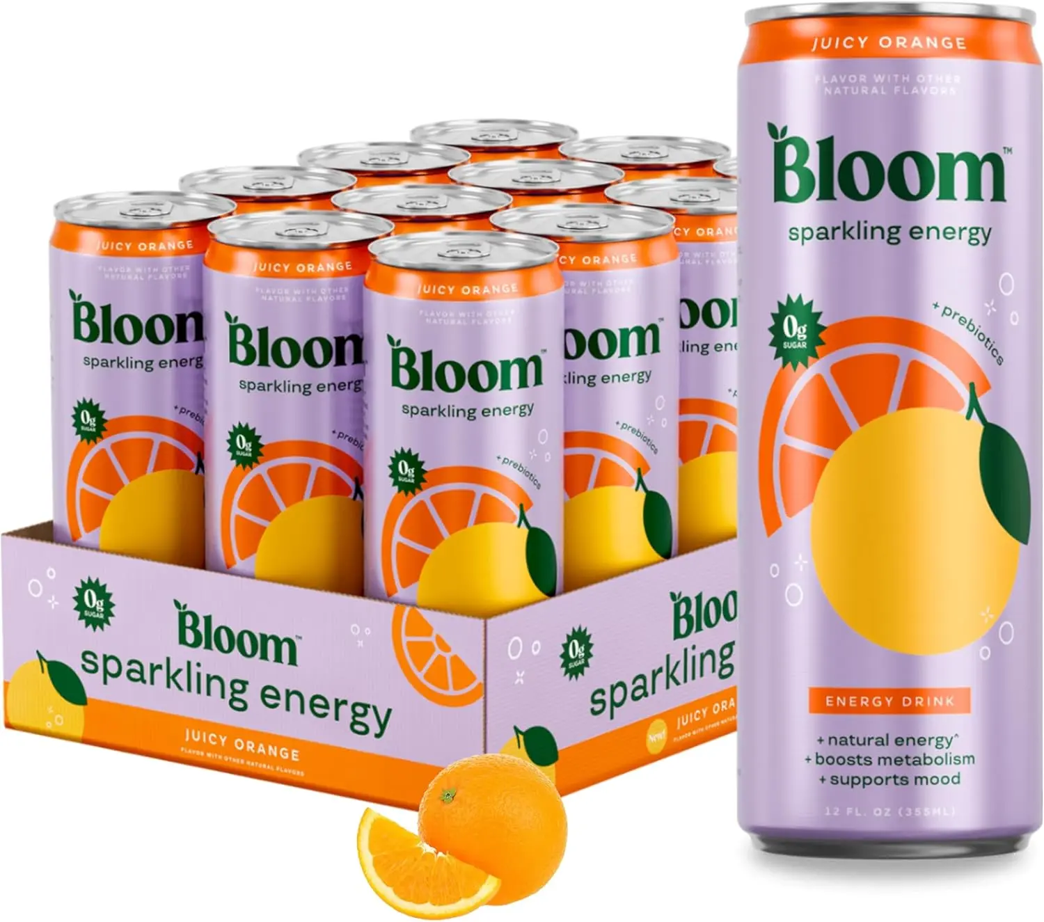 Bloom Nutrition Sparkling Energy Drink Orange 12 Pack, Zero Sugar with Natural Caffeine, Green Tea Extract & Prebiotics, 12oz Cans