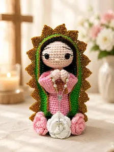 Handmade Our Lady of Guadalupe Crochet Doll, Virgin Mary Catholic Prayer Room Decor, Religious Gift for Mom, Rosary Home Altar Decoration, 20cm