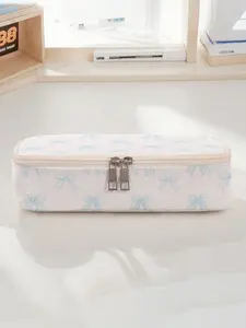 Large-capacity pencil case with bow print, durable multi-functional storage bag, portable zippered storage pouch, suitable for school, office and stationery storage