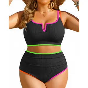 Women Plus Size High Waisted Bikini - Ribbed Two Piece Swimsuit Tummy Control Bathing Suit V-Wired Swimwear2026