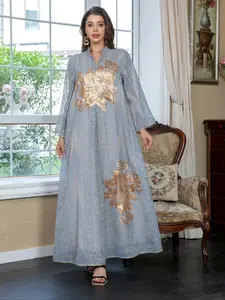 Women's Elegant Floral Long Sleeve Dress, V Neck Mesh Jalabiya Gown, Muslim Women Gowns, All Season Woven Fabric, Fitted Luxury Style
