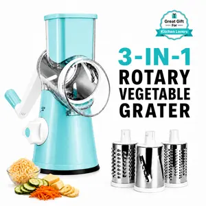 MIUVA 3-in-1 Rotary Cheese Grater with Hand Crank, Useful Kitchen Products, Interchangeable Stainless Steel Drum Blades, Strong Suction Base, Easy-to-Use Vegetable Slicer Shredder Grater for Cheese, Potatoes, Carrots, Cucumbers