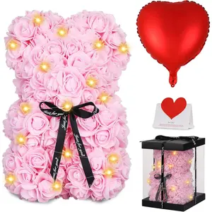 Rose Bear Mothers Day Flower Gifts for Mom Grandma, Rose Teddy Bear with Lights, Cute Teddy Flower Bear, Cute Romantic Gifts for Wife Girlfriend with Transparent Gift Box and Love Card