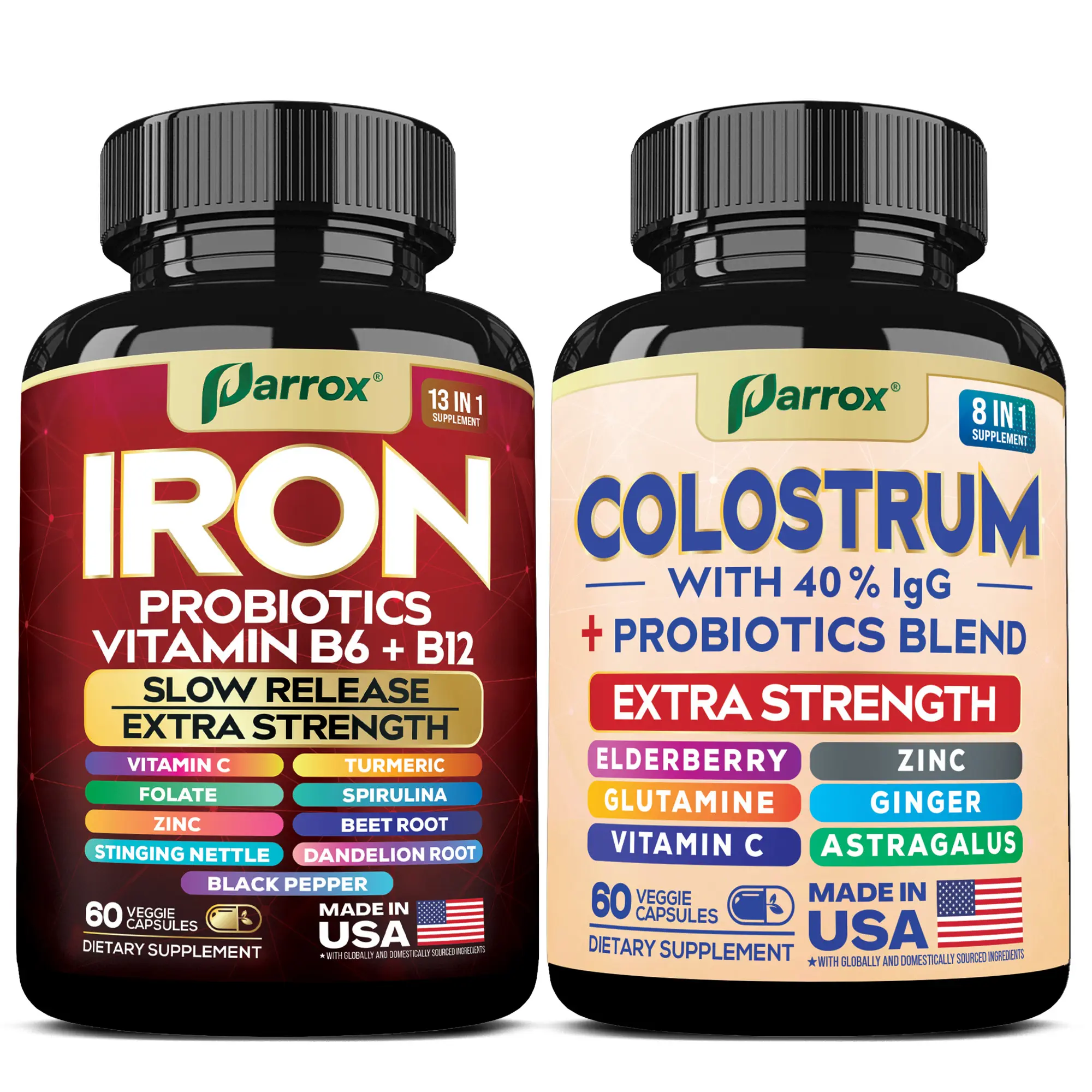 New Mom Set - Postpartum Care & Recovery Supplement - Parrox Iron Probiotics & Colostrum Dietary Supplement - Ultimate Healthcare with Vitamin C, B6 + B12 - (60 Veggie Capsules)