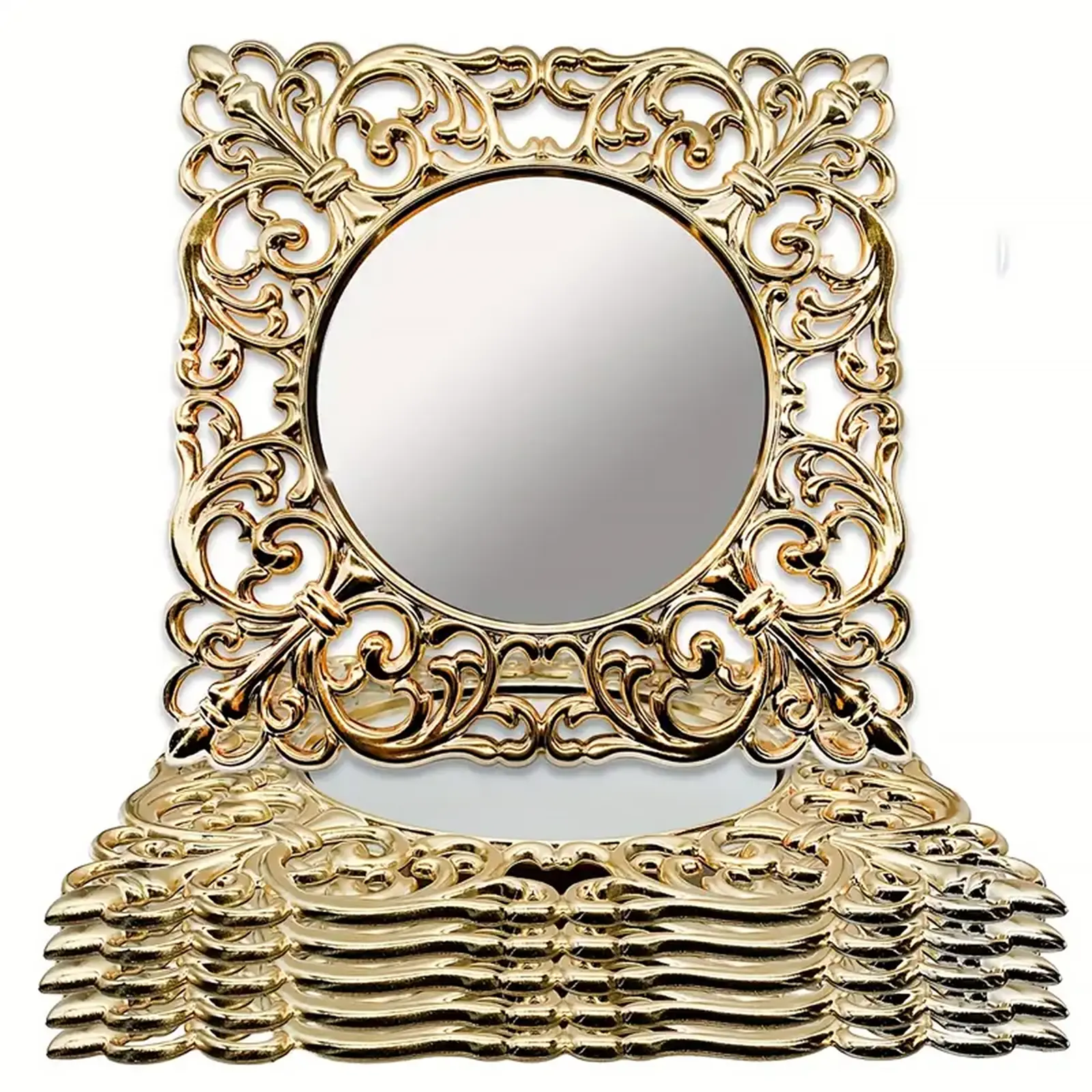 6pcs 12-Inch Gold Charger Plate Mirror-Finish Embossed Edge Plastic Chargers for Wedding and Dining Table Decor Square Decorative Placemats Retro Gold Moroccan Design