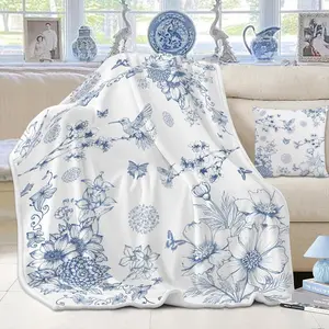 Blue White Floral Throw Blanket, Spring Chinoiserie Flower Gifts for Women Kids Girls, Soft Flannel Hummingbird Blanket for French Country Toile Coastal Grandmillennial Home Decor