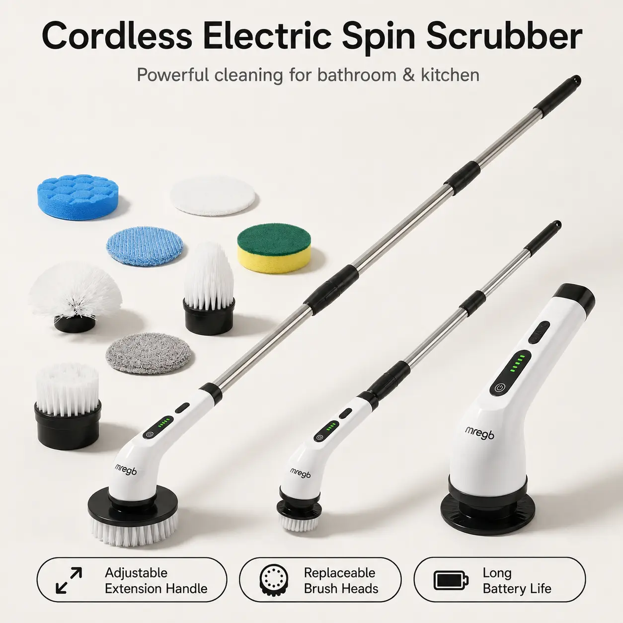 MREGB Cordless Electric Spin Scrubber, Powerful Rechargeable Cleaning Gadget with Replaceable Brush Heads, Adjustable Extension Handle, Long Battery Life, Multi-Surface Scrubbing Spin Brush for Bathroom (Bathroom Gadget), Kitchen Tile tiktokshopbacktoscho