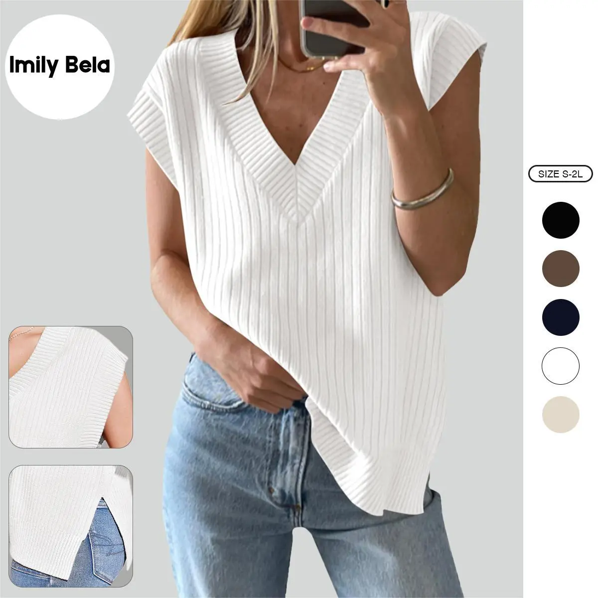 Imily Bela Women's Plain Solid V-Neck Oversized Ribbed Knit Vest - Sleeveless, Split, Cap Sleeve, Loose-Fitting, Lightweight, Basic, Breathable, 49% Viscose Polyester-Nylon Pull-On Tank Top, Plus Size, Hand Wash, Casual for Shirts, Leggings, Minimalist, K