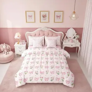 Feelyou 7-Piece Kawaii Bowknot Microfiber Bed Comforter Set - Soft Blanket, Breathable Sheets, Bow Tie Bag, Pink Tulips Print, 2 Pillowcases, Quilt Bedding Set