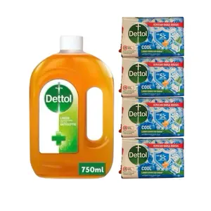 Dettol Liquid 750mL & 4 Bars Soap Cool 100gs Each ( More Options Of Soap To Choose From) Fresh, Skincare, Cool, Re-energize, Lasting Fresh or Original Soap Cleansing