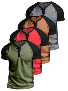 4-Pack Men’s Summer Lightweight Color-Block Henley Short-Sleeve T-Shirts with Raglan Sleeves — Stylish for Daily Casual Wear, Vacation, Sports Outings, Great Gift for Boyfriend/Husband; Suitable for Basketball, Camping, and Gym Top T-Shirt