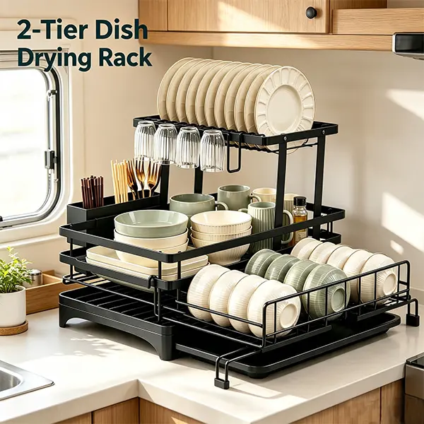 Double-layer foldable dish rack with drip tray, collapsible utensil storage rack for small kitchen countertops