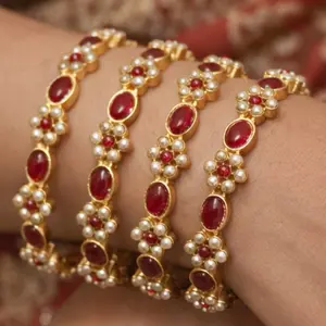 Royal Kundan Pearl Bangles | Red & Green Stones | Traditional Indian Jewelry