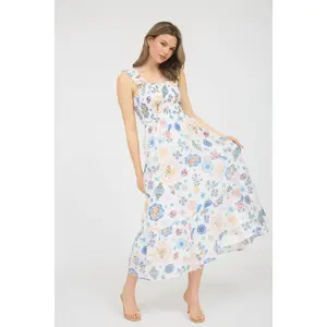 Fruit Multi Color Smocked Sleeveless Midi Dress with Square Neckline Ruffle Detailing Bohemian Floral Print for Women's Casual Spring Summer Wear