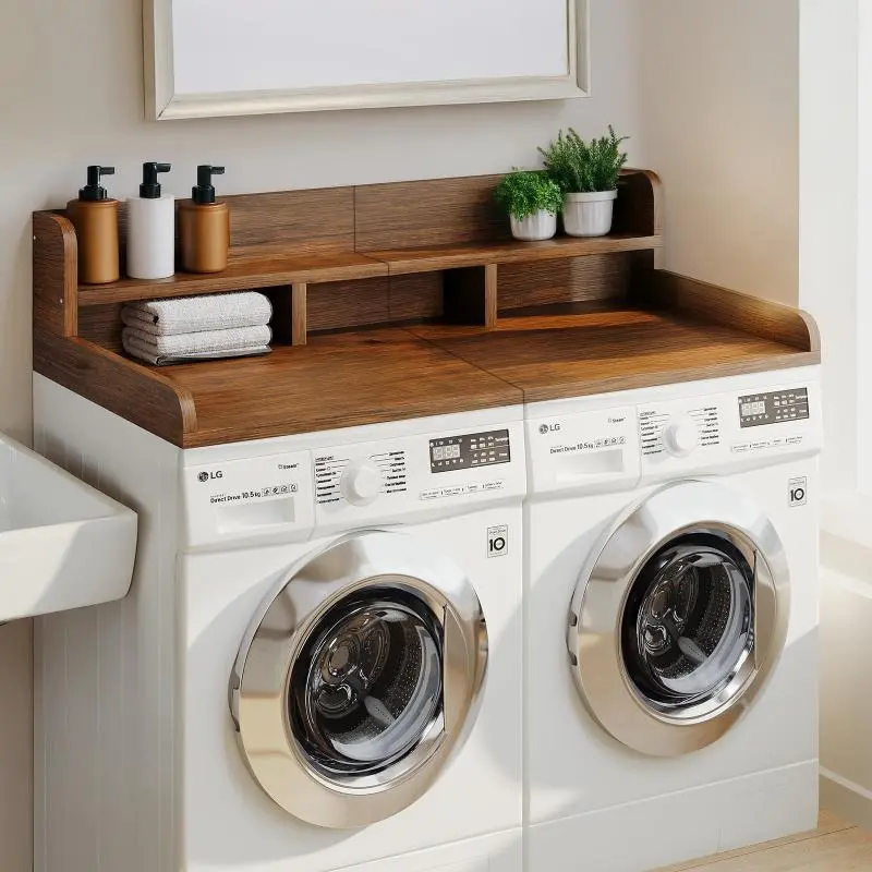 【Bellemave】Washer Dryer Countertop, Laundry Wood Shelf Topper with Edge, 54" Width x 27.5" Depth Double Layer Organizer for Washer and Dryer Laundry Hamper Counter Storage Organization, WALNUT Washing Machine