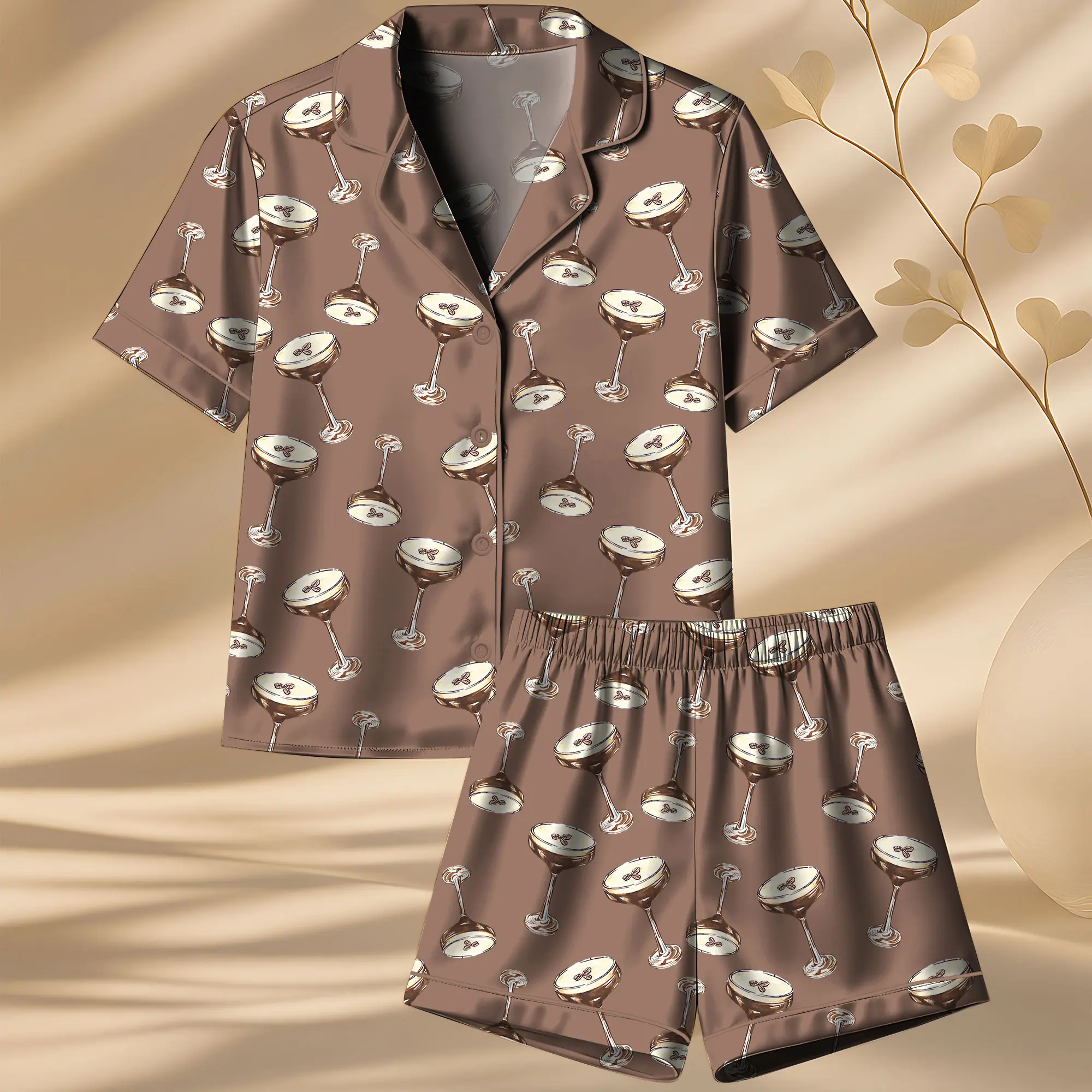 Espresso Martini Wedding Drink Coffee Pajama Set, Latin Fabric Fun Print Sleepwear Soft Lightweight Unisex Loungewear