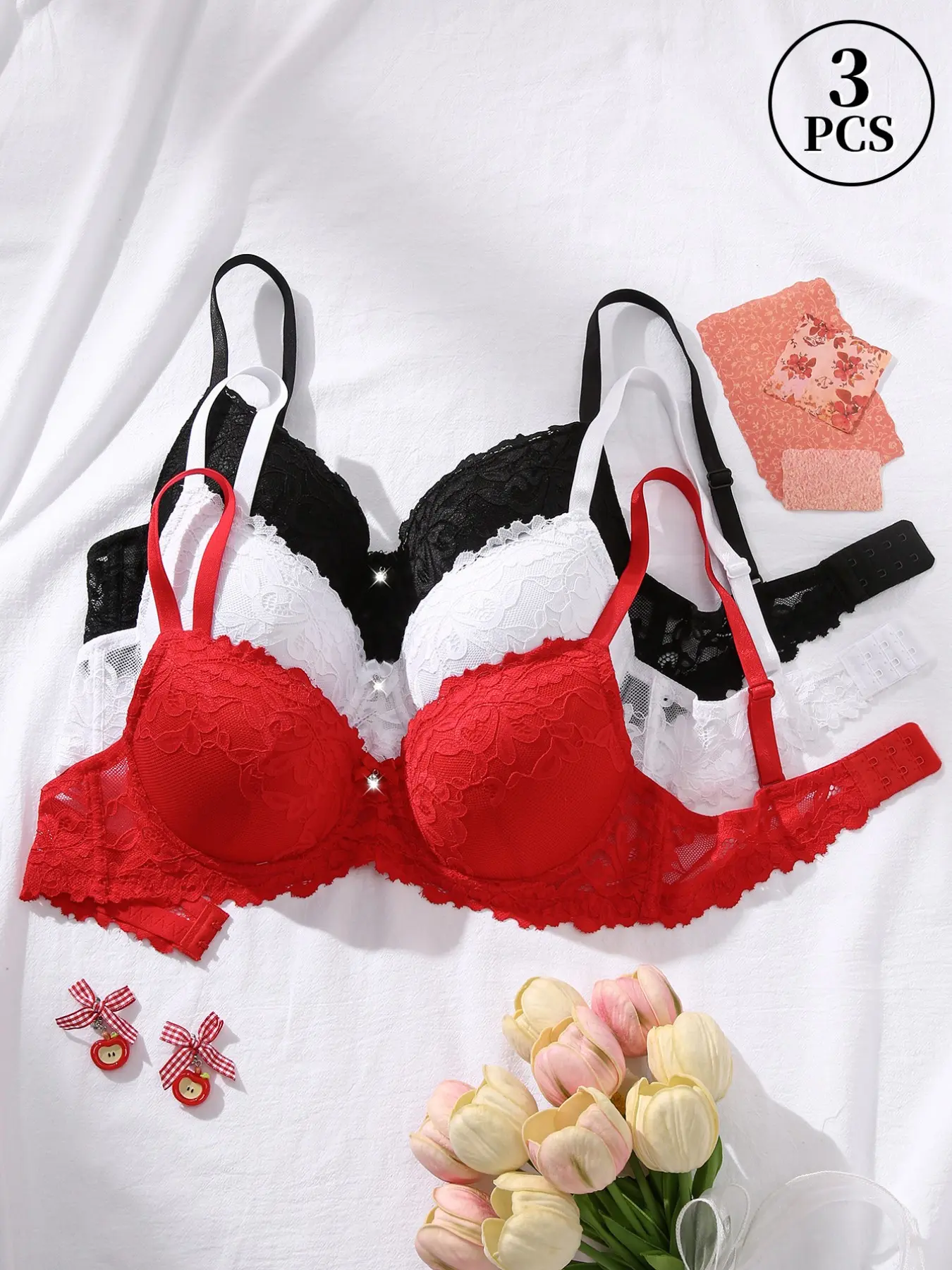 3PCS Women Floral Lace Push-Up Shaping Bra, Lifted Anti-Sag Underwire Supportive Breathable Comfortable Slimming Elegant Lingerie Adjustable Straps for Daily Wear Lace Bras