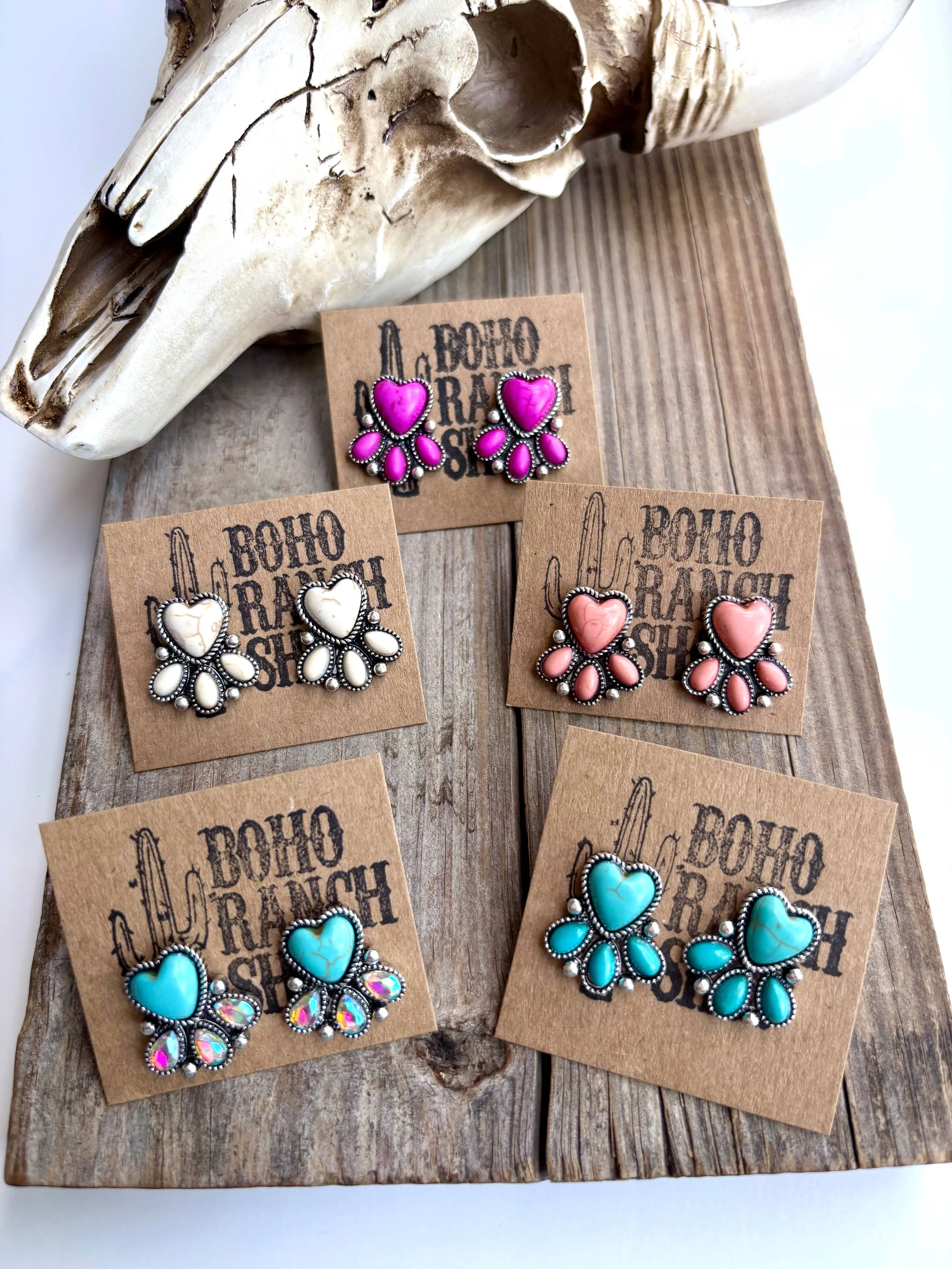 Western Style Stud Earrings, Unisex Heart Shaped Design in Brushed Silver with Turquoise Stone Accent, 0.75" Size, Unisex Fit